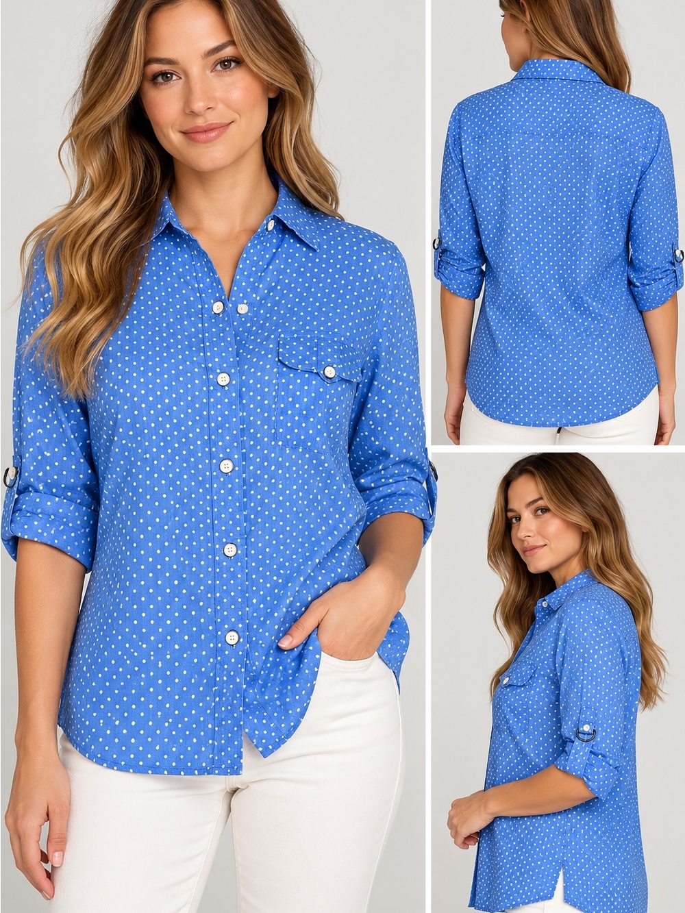Karen Scott Women’s Blue White Polka Dot Button Down Shirt Roll Tab Sleeve M
